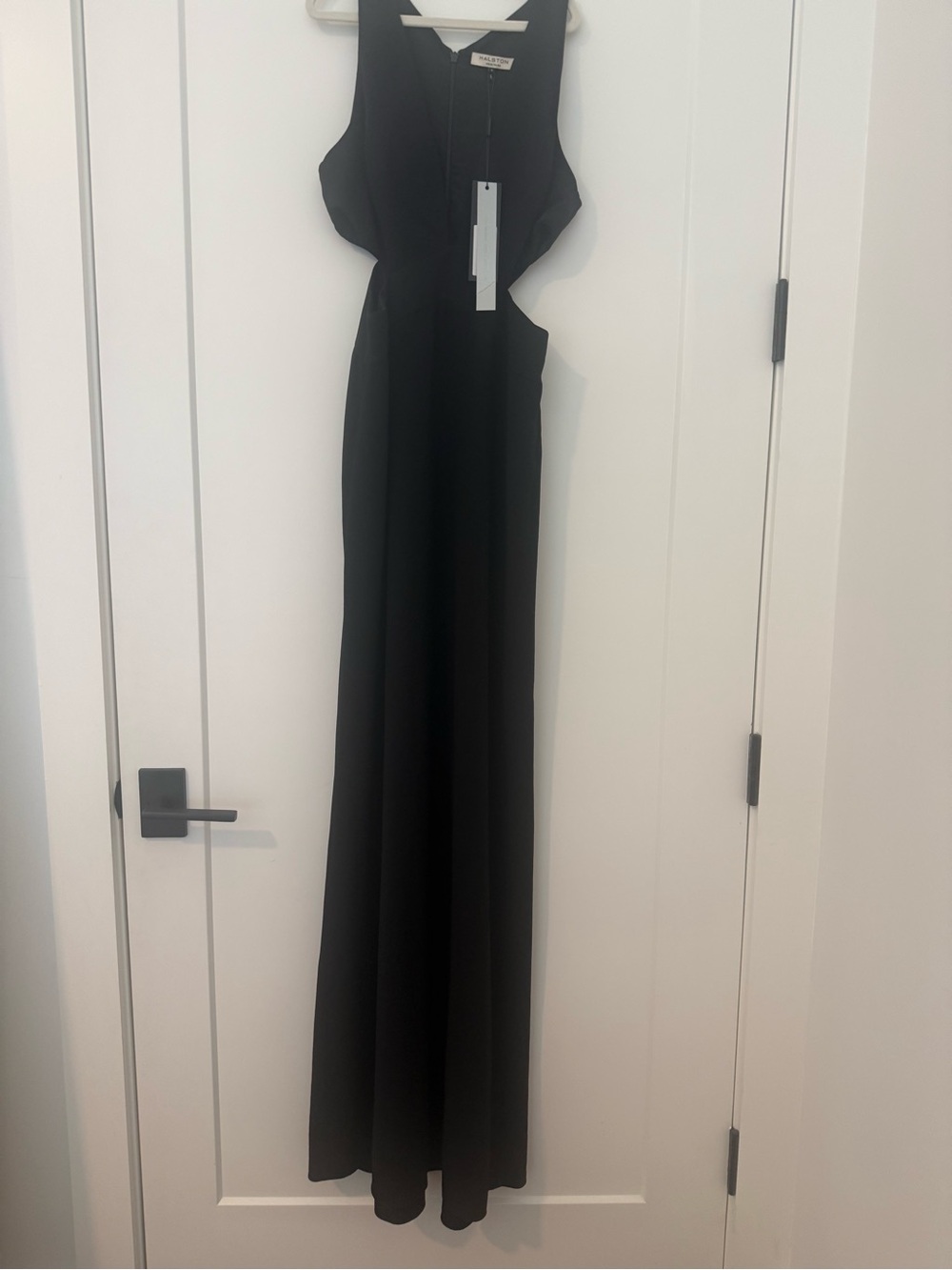 Halston Heritage Deep V-Neck Cut-Out Gown in black.